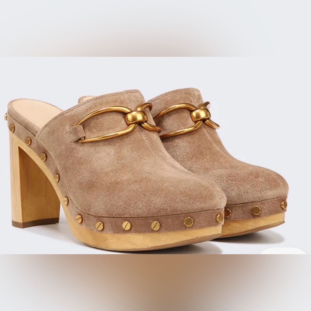 EUC Veronica Beard Giles suede studded platform clogs, color: latte, size 8 - Picture 2 of 12